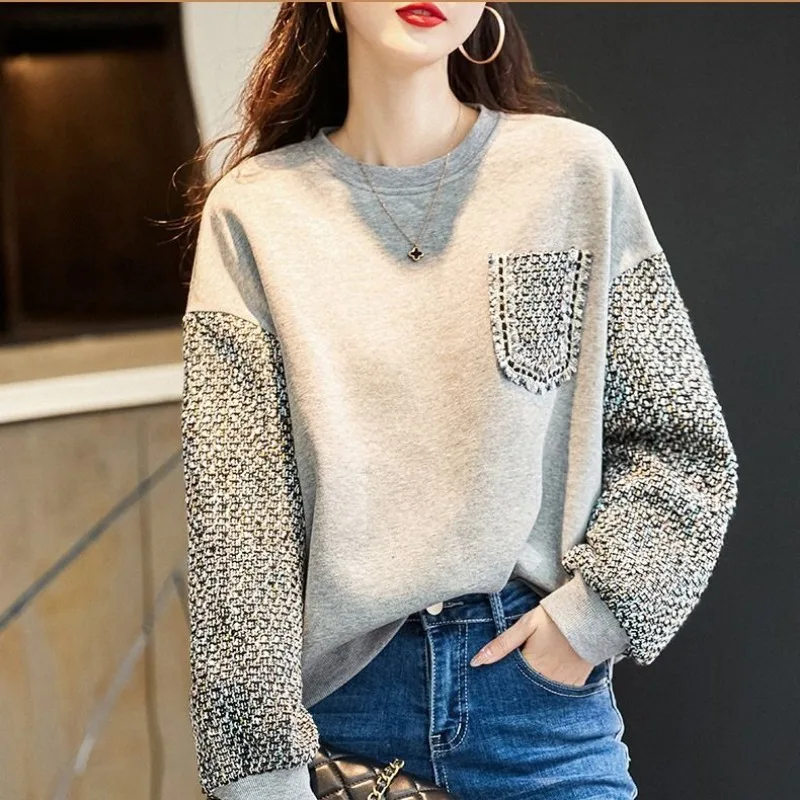 Round Neck Casual Hoodie Women's Spring Autumn 2024 New Fashionable Loose Jacket Patchwork Long Overcoat Sleeved Pullover Tops