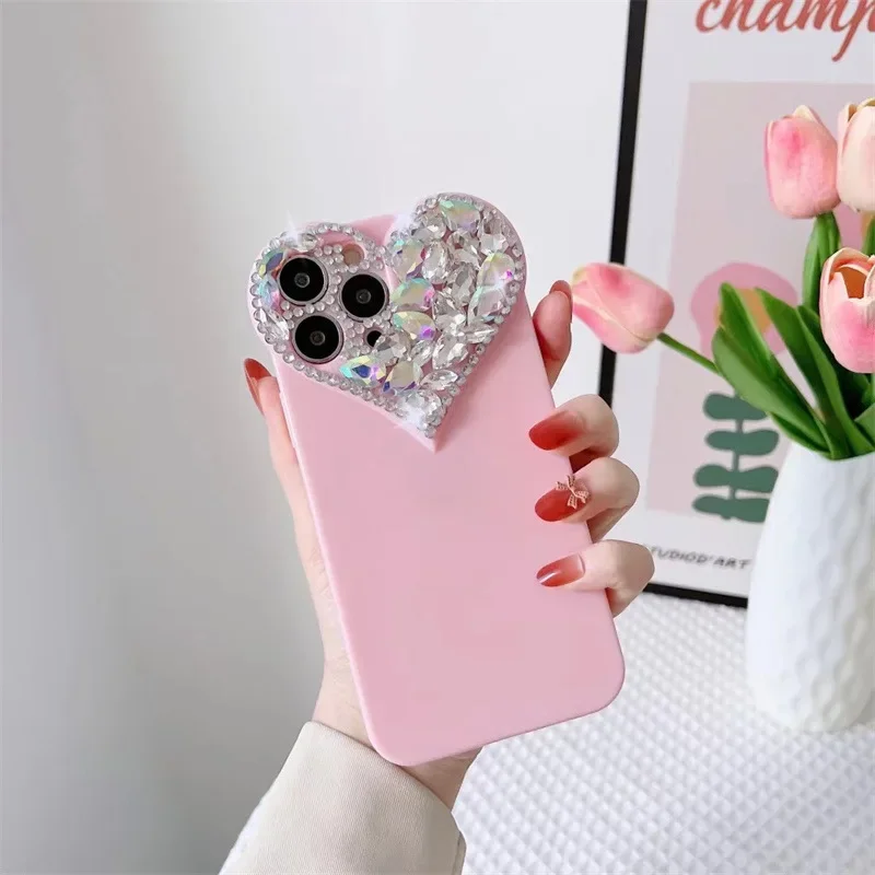 Phone Case Love Heart Rhinestone for iPhone 16 15 14 13 12 11 Pro Xs Max XR 8Plus SE2/SE3