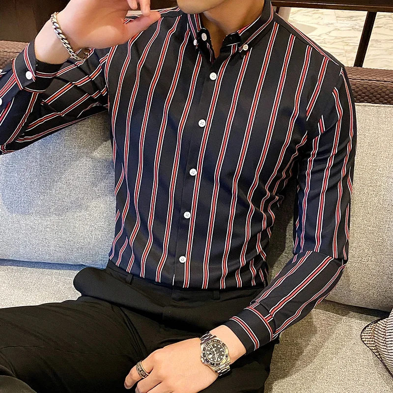 Men's Daily Spring  Shirt  Vertical  Stripes Street Wear Slim Fashion Casual Long-sleeved Gentleman's Evening  Dress  2024 S-5XL newest men t shirt set piecing stripes 3d casual men’s clothes outfits fashion vintage shorts suit street breathable 2piece set