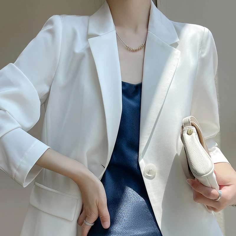 

Women's imitation silk suit jacket 2024 spring/summer new long sleeved tops female high-end elegant silk jacket
