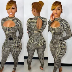 Tie Dye Plaid Print Women Long Sleeve Hollow Out Jumpsuit Skinny Sexy Streetwear Sportswear Rompers 2023 Winter Clothes
