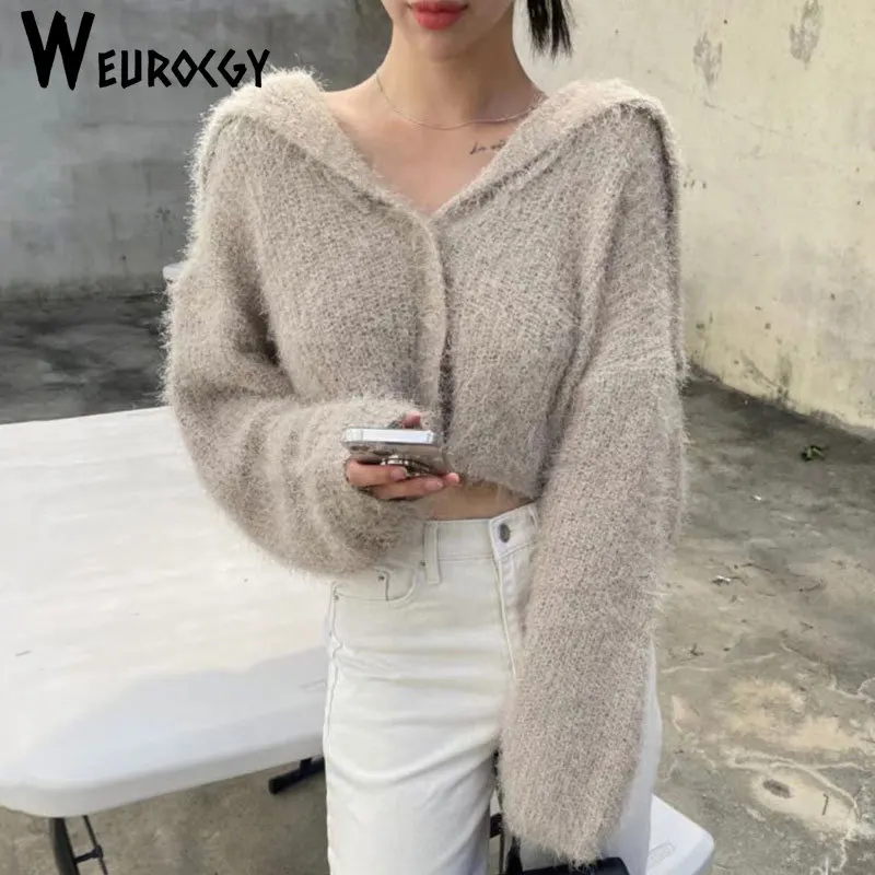 

Women Sweater 2023 Autumn Winter New Popular Chic Outerwear Sailor Collar Buckle Soft Glutinous Short Thickened Knitted Top
