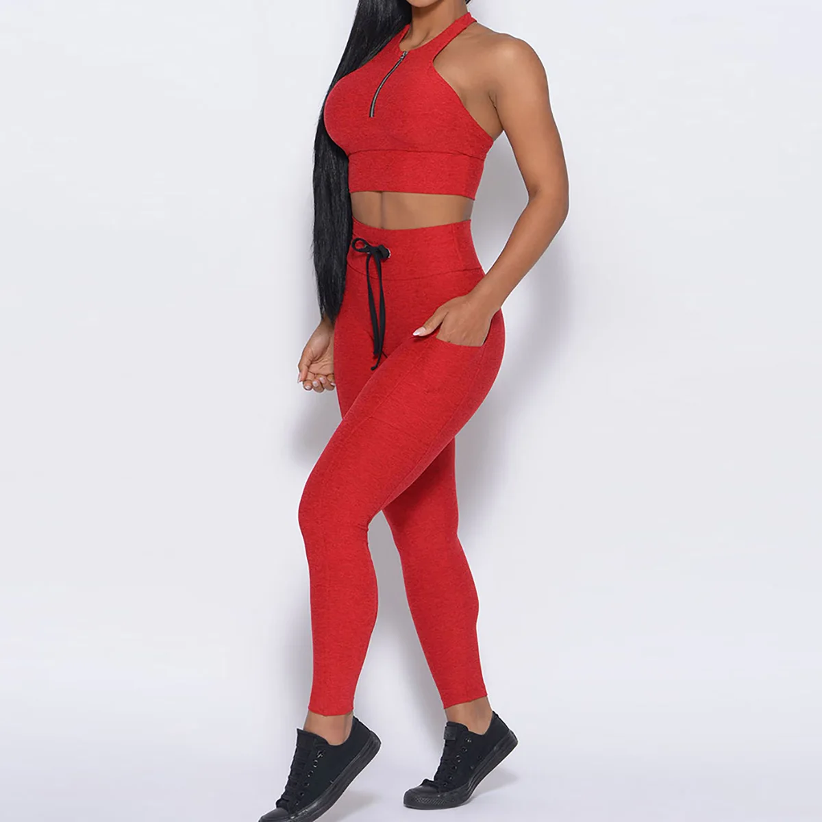 

Gymdolphins Summer Female Solid Color Sports Suit Backless Camisole Top High Waist Lace-up Leggings Two Piece Set for Women