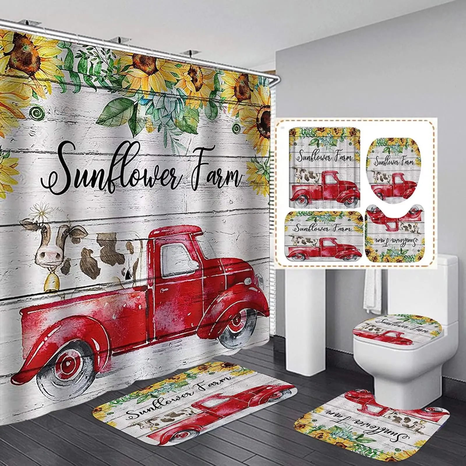 

Rustic Farmhouse Cow Truck Sunflower Shower Curtain Set Country Bathroom Curtains Non-Slip Rugs Bath Mat Toilet Lid Cover