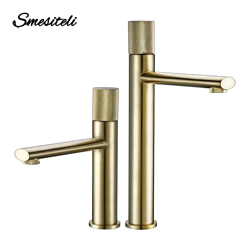 Basin Faucet Bathroom Taps Single Handle Hot and Cold Sink Mixer Knurled Brushed Gold