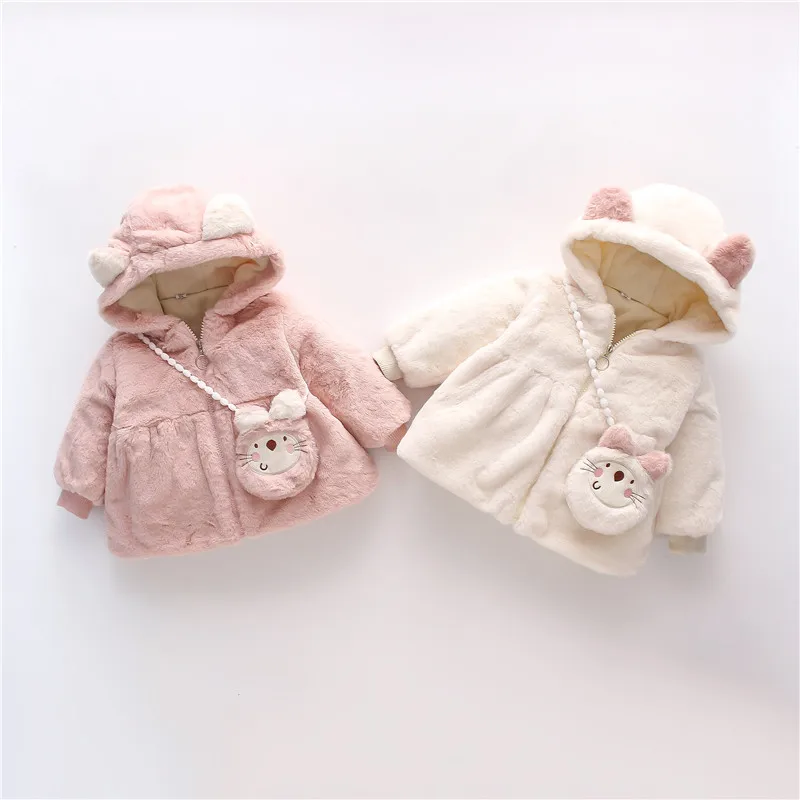 Winter Baby Girl Coat Cute Animal Print Diagonal Cross Bag Coat Sweet Beauty Baby Hooded Warm (0-3 Years Old)