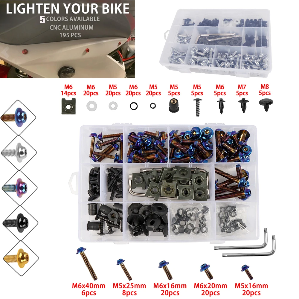 

195 шт. стальной корпус обтекателя Болт для Honda Yamaha MT07 MT09 MT03 MT10 MT 07 09 10 FZ07 FZ09 трассировщик 9gt YZF R1 R3 R6 FZ1 FZ6 FZ6N