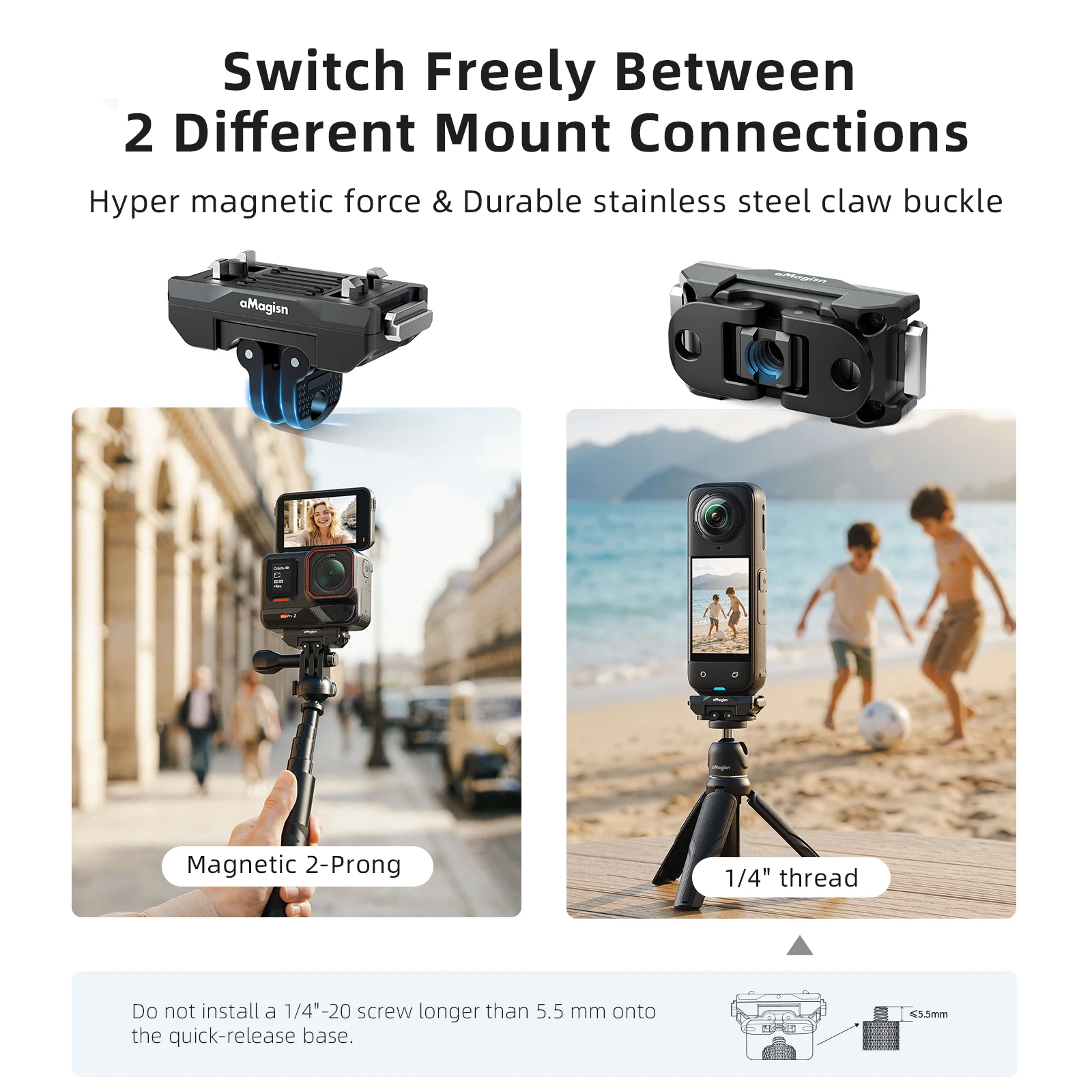aMagisn 퀵 릴리즈 마운트 360 ° 회전 가능, 1/4인치 및 2핀 인터페이스, Insta360 Ace Pro 2 / X4 AIR / X5 액세서리와 호환 가능