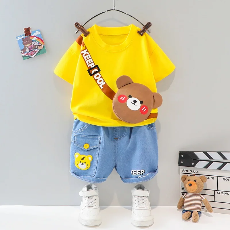 Baby children's suit autumn new cartoon hanging bag round neck T-shirt soft denim three-piece boys' and girls' leisure suit newborn baby clothing set