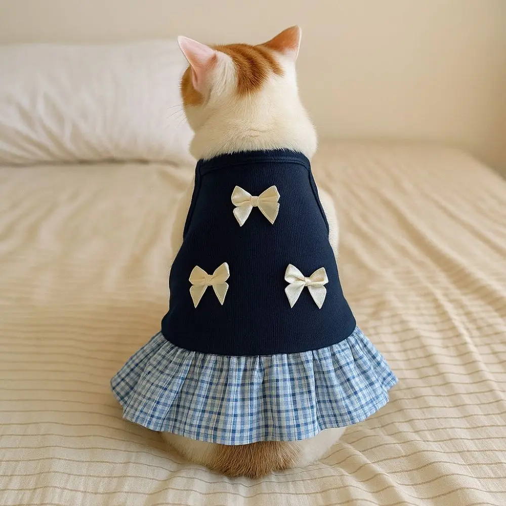 Comfort Korean Style Dog Princess Skirt Breathable Soft Pet Strap Dress Bowknot Plaid Thin Pet Summer Clothes Pet Party