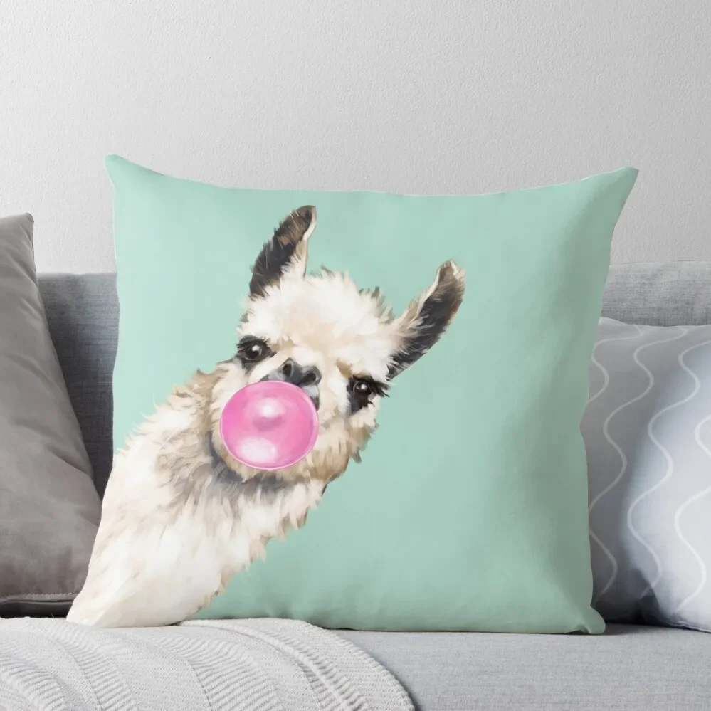 

Bubble Gum Sneaky Llama in Green Throw Pillow Pillowcase Sofa Cushions Cover