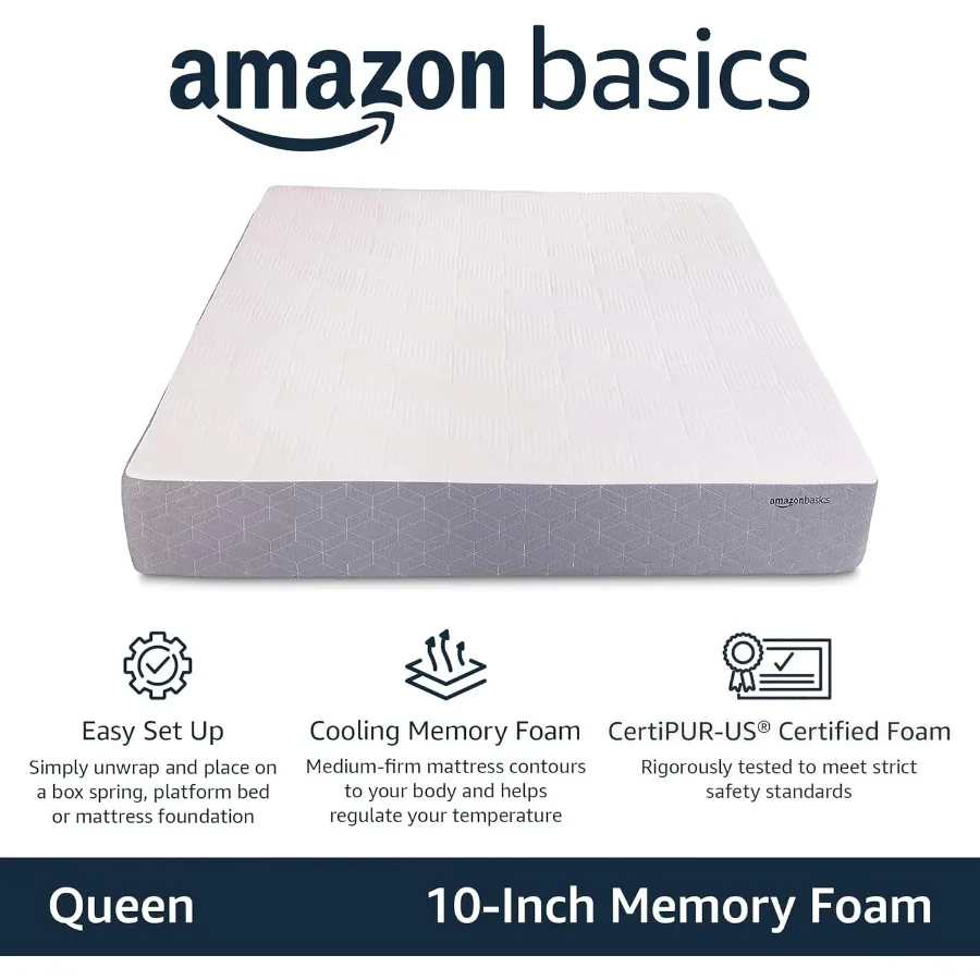 Memory Foam Mattress Medium Firm Cooling Gel Queen Size Mattress CertiPURUS Certified Foam 80 x 60 x 10 inches White Gray