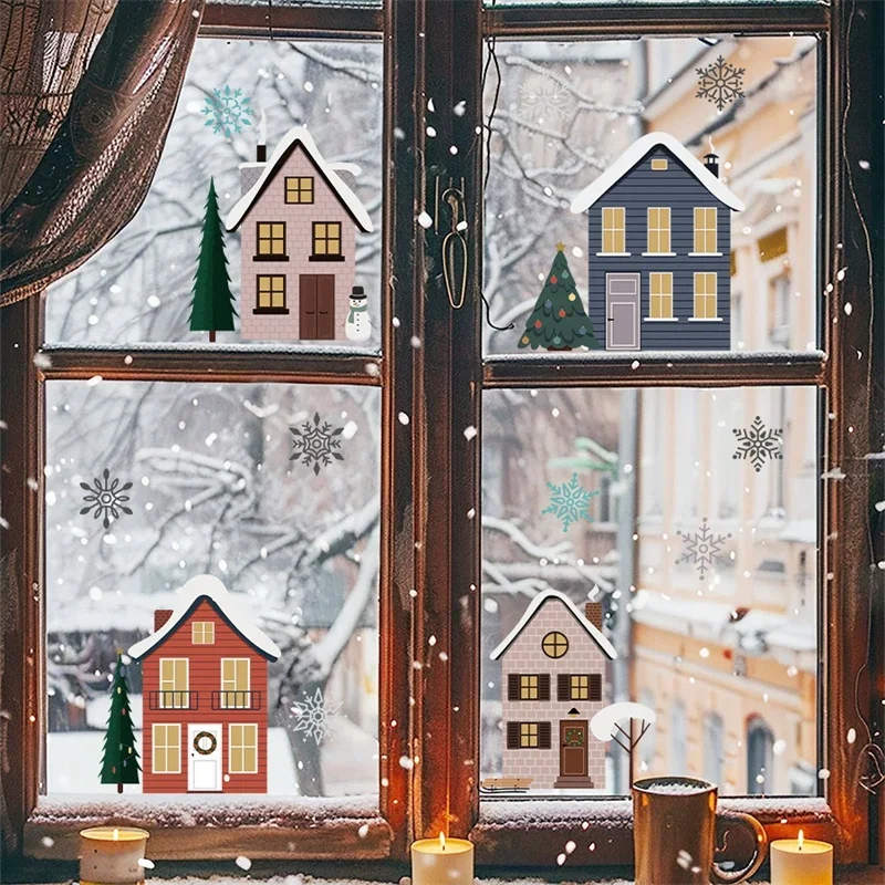 Christmas Houses Window Stickers Removable Self-adhesive Double Sided Snowflakes Xmas Tree Wall Glass Decals Home Decoration