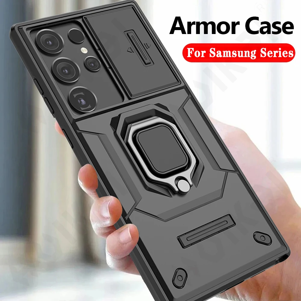 Case For Samsung S24 S23 Ultra Plus A54 A34 A14 4G 5G Slide Camera Ring Stand Armor Anti-fall Protection Kickstand_voghion.com