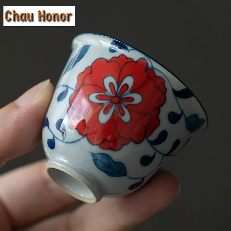 2pc/Set 45ml Pure Hand-painted Peony Flower Art Tea Cup Blue And White Small Ceramic Single Master Cup Household Kung Fu Teaware