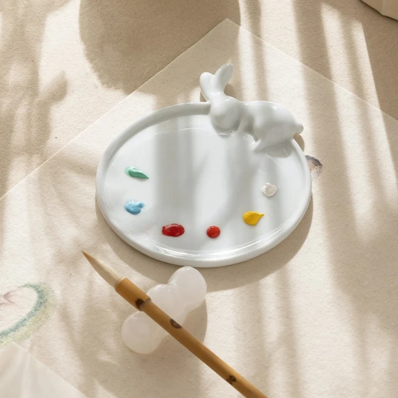 Moon Rabbit Ceramic Palette Chinese Painting Palette Penholder Jade Rabbit Ink Slab Pen licking Painting Art Paint Disks