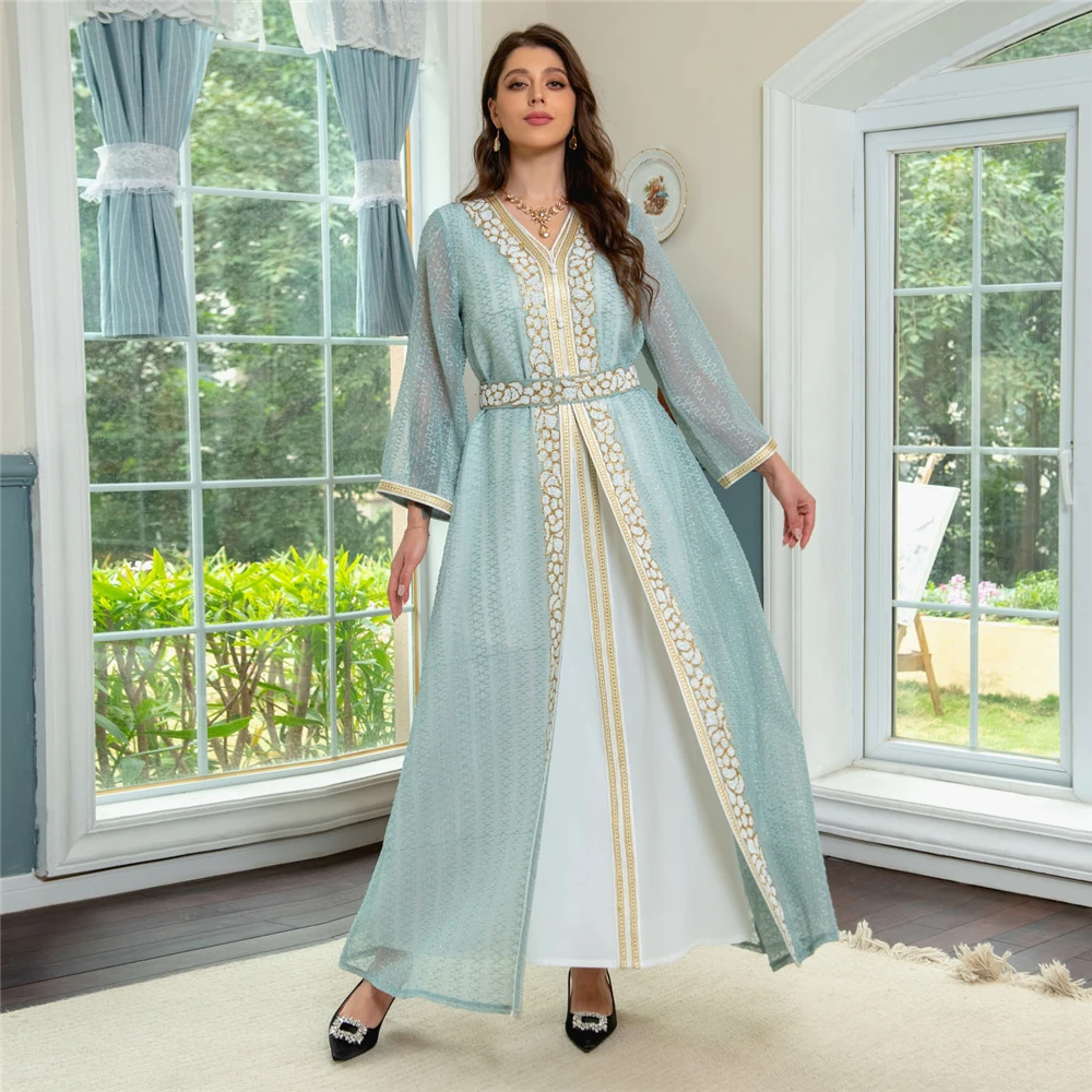 

Morocco Muslim Party Dress Abaya Women 2 Piece Set Islamic Dresses Belt Embroidery Kaftan Vestidos Maxi Abayas Elegant Caftan