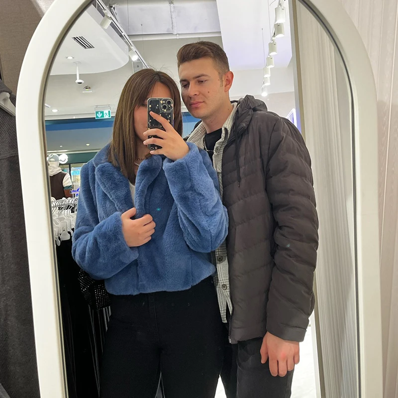 Ins Chic Street Fashion Girls Blue Cropped Plush Fur Coat Women Winter New Trend Faux Rabbit Fur Jacket Coats Short Outwear