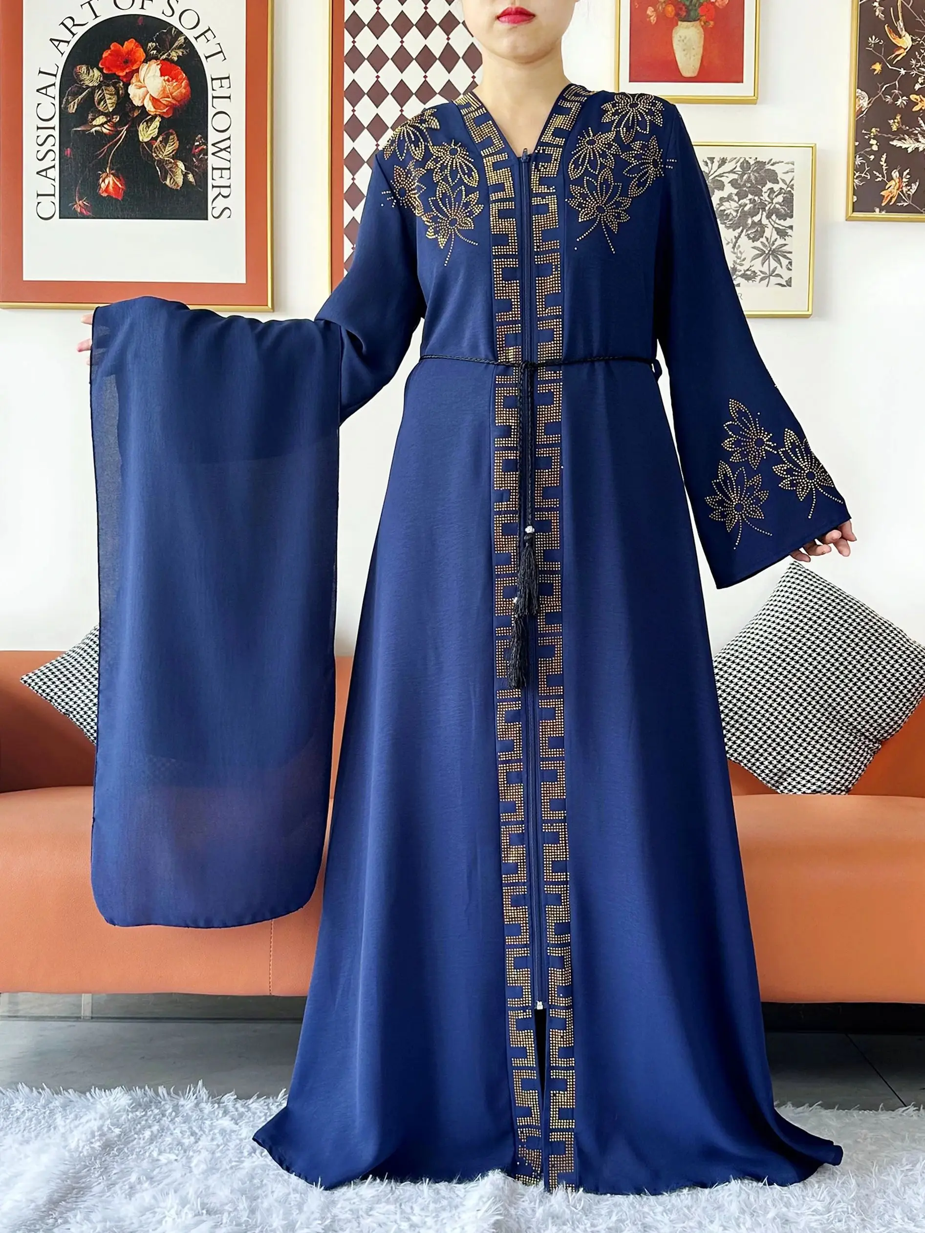Summer Women Elegant Dress Long Sleeve Chiffon Open Abaya Muslim Women Dress Islamic Clothing