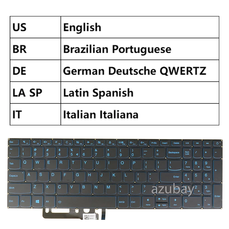 Teclado Azul Retroiluminado para Lenovo Ideapad L34015irh L340h-15irh L340l-15irh Eua Alemão Qwertz la Espanhol Italiano Brasileiro Qwerty