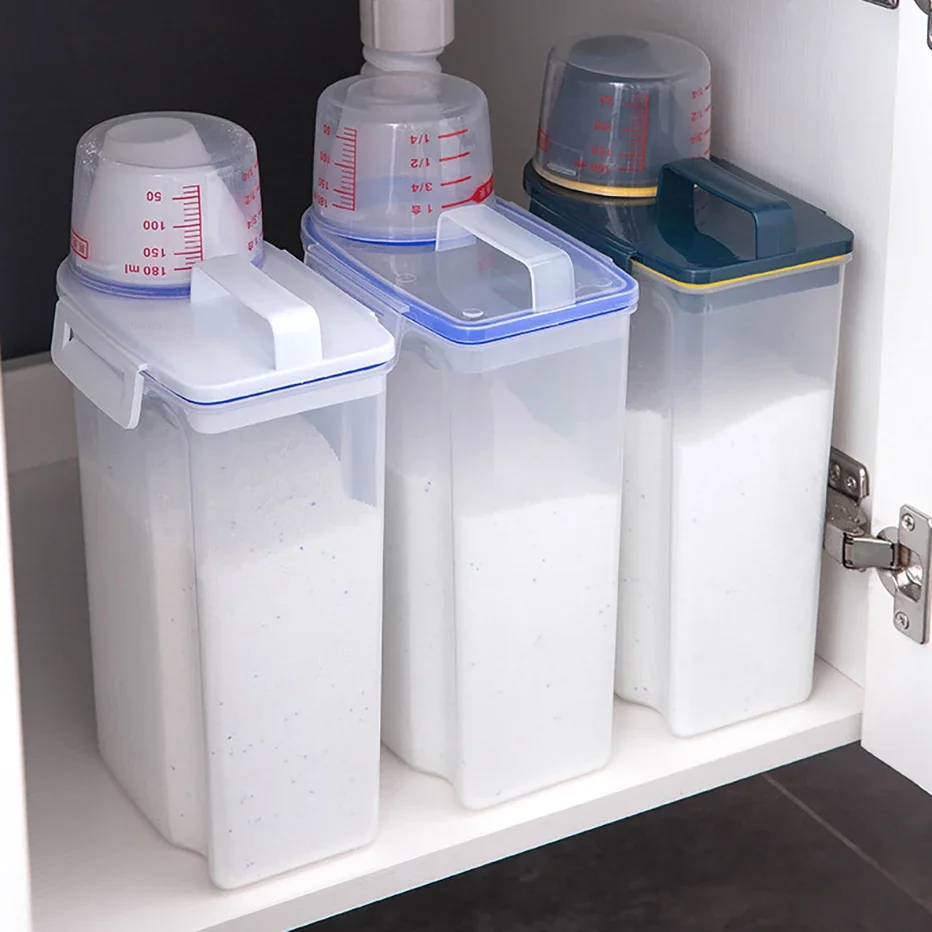 2KG Powder Storage Box Plastic Kitchen Rice Grains Container Bathroom Laundry Powder Detergent Case with Pour Mouth with Lid