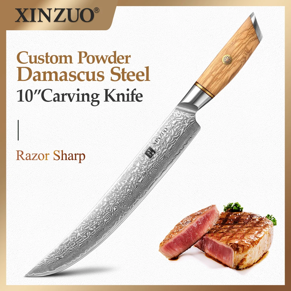 

XINZUO 10'' Inch Carving Knife Damascus Steel Knife High Quality73 Layer Powder Steel Core Damascus Steel With Olive Wood Handle