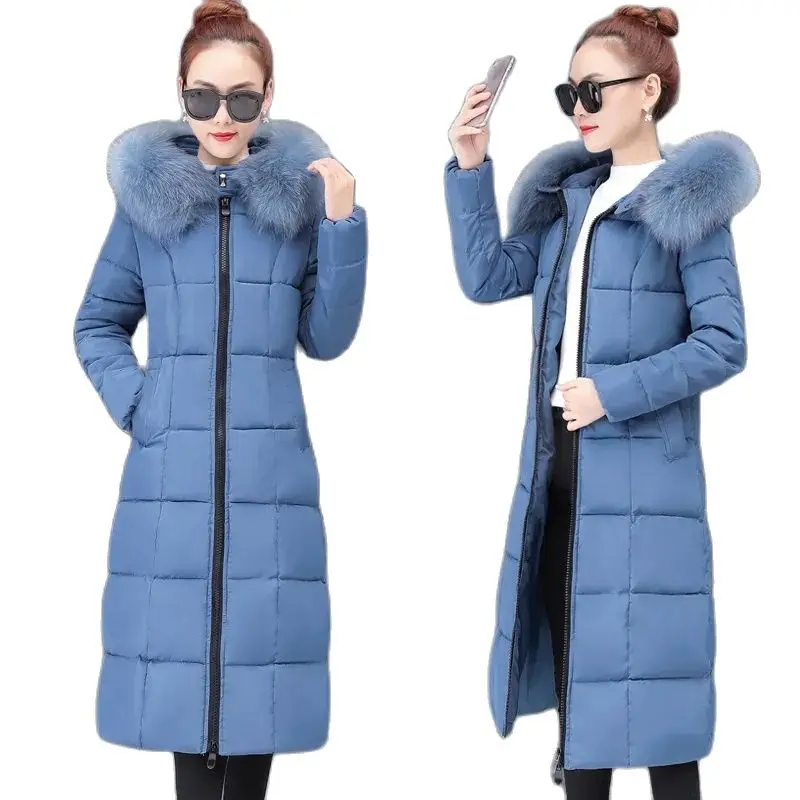 

Temperament Autumn And Winter New Korean Version Fashion Big Fur Collar Long Slim Fit Over The knee Thickened Warm Cotton Coat