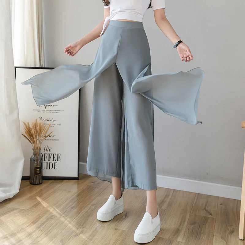 

2023 Summer Korean High-waisted Solid Color Women New Split Chiffon Wide Leg Pants Women's Loose Casual Women's Pants LuckBN