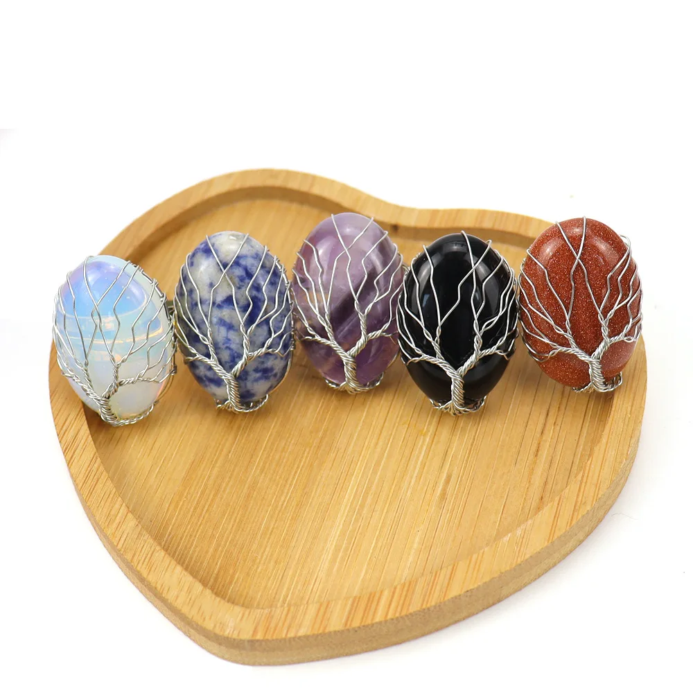 2Pcs/lot Natural Crystal Hand Wound Oval Egg Shaped Life Tree Ring Adjustable Opening Ring Female