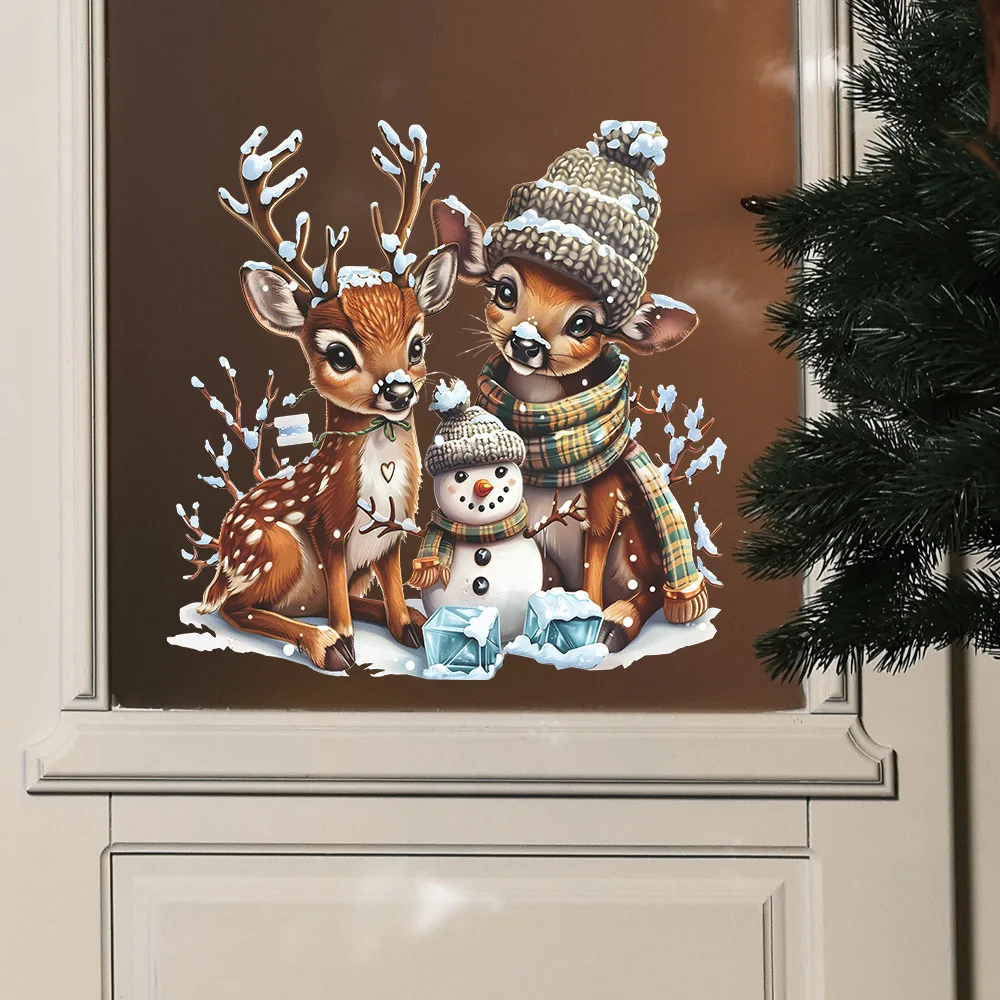 Wall Stickers Window Stickers Christmas Elk Snowman Wall Sticker New Year Glass Window Decor Mural For Christmas Home Decoration Self-adhesive Festival Decals