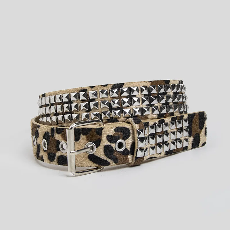 Punk Pink Leopard Print Studded Fur Belt with Pin Buckle