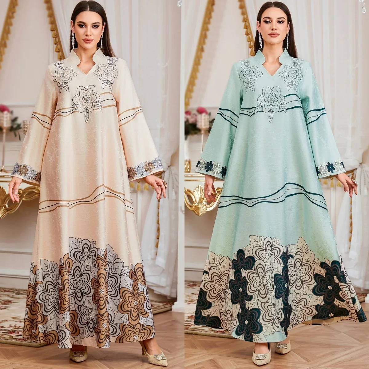 جلابية بيج بنقشة زهور عصرية