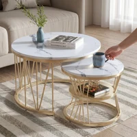 Table basse (lot de 2) ronde en marbre avec structure métallique pour salon, balcon, bureau 1