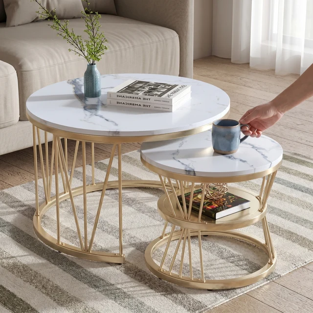 Table basse (lot de 2) ronde en marbre avec structure métallique pour salon, balcon, bureau 1