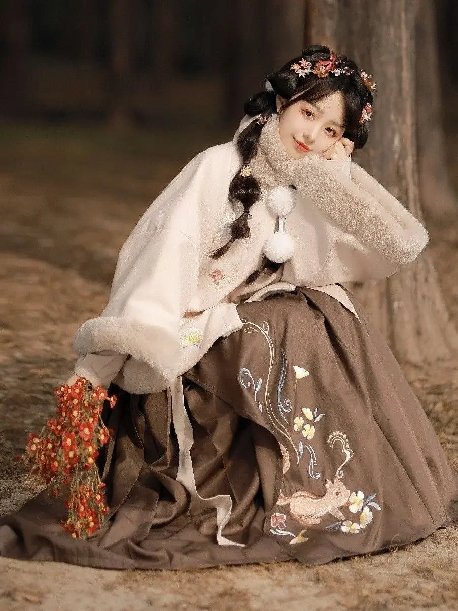 

Стильное платье с квадратным вырезом и рукавом до локтя в стиле мин, осень и зима, юбка для конского хвоста, традиционный китайский костюм
