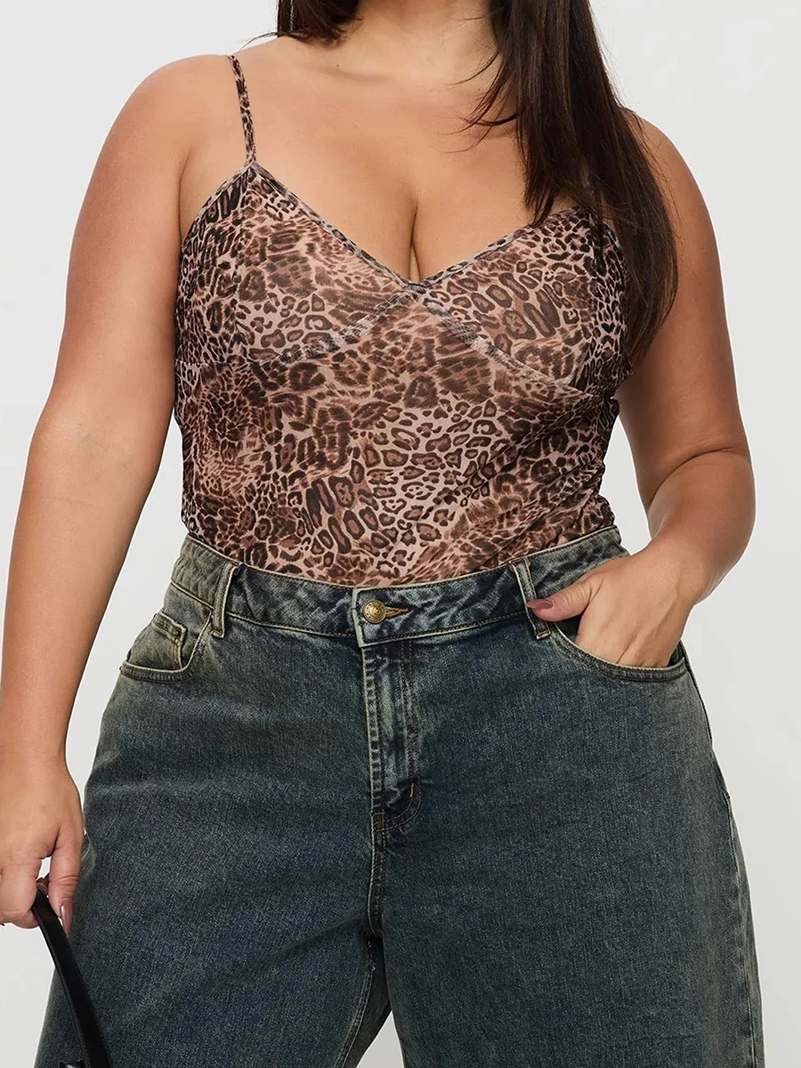 Women Plus Size Sleeveless Camisole Top with Stylish Leopard Print and Flattering V-Neckline for Chic Street Style Fashion