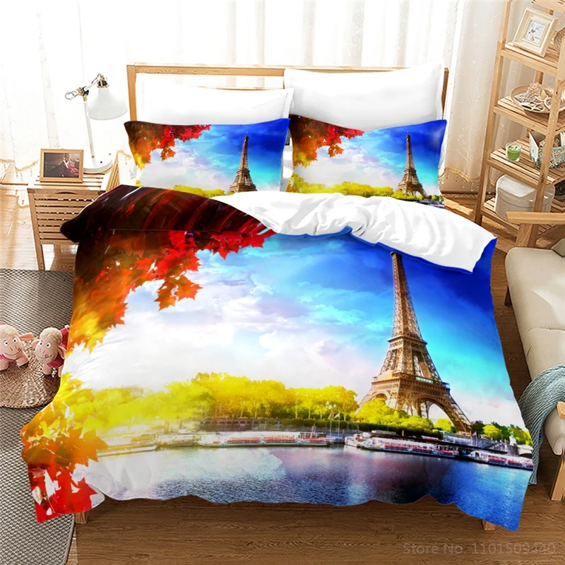 

Paris The Eiffel Tower 3D Bedding Set Queen King Size Lakeside Scenery Print Duvet Cover Pillowcase Set Home Textile Bedclothes