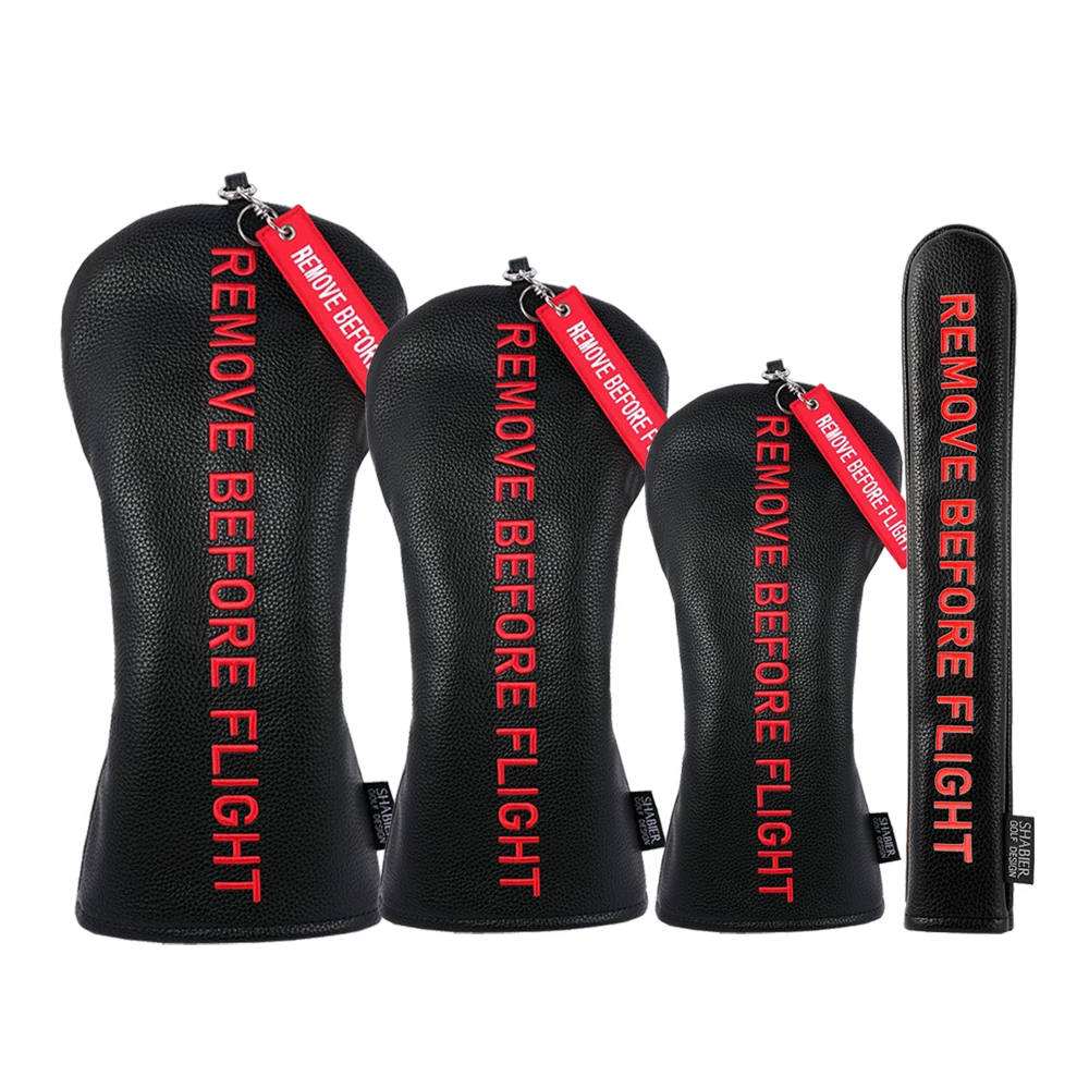 Golf club head covers black PU leather REMOVE BEFORE FLIGHT embroidery golf headcover putter cover 420cc 460cc driver covers