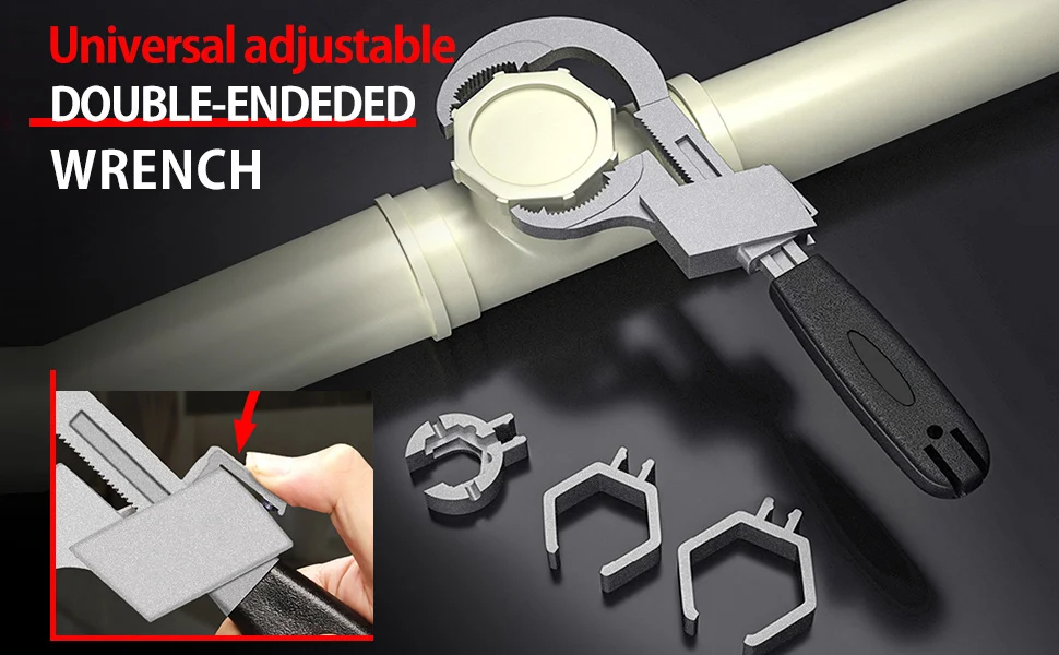 Description Picture 2 of item4-in-1 Universal Adjustable Double-ended Wrench Sink Spanner Set with 3 Card Slots Universal Sewer Water Plumbing Repair Tools