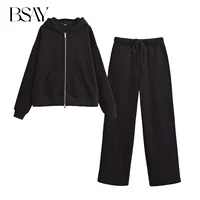 BSAY Women Fashion Autumn 2pcs Solid Long Sleeved Zip Hooded Sweatshirt Loose Jacket Female Straight Pants Two Piece Set - Image 3