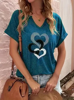 New summer folded sleeve heart print V-neck plus-size short-sleeved T-shirt 1