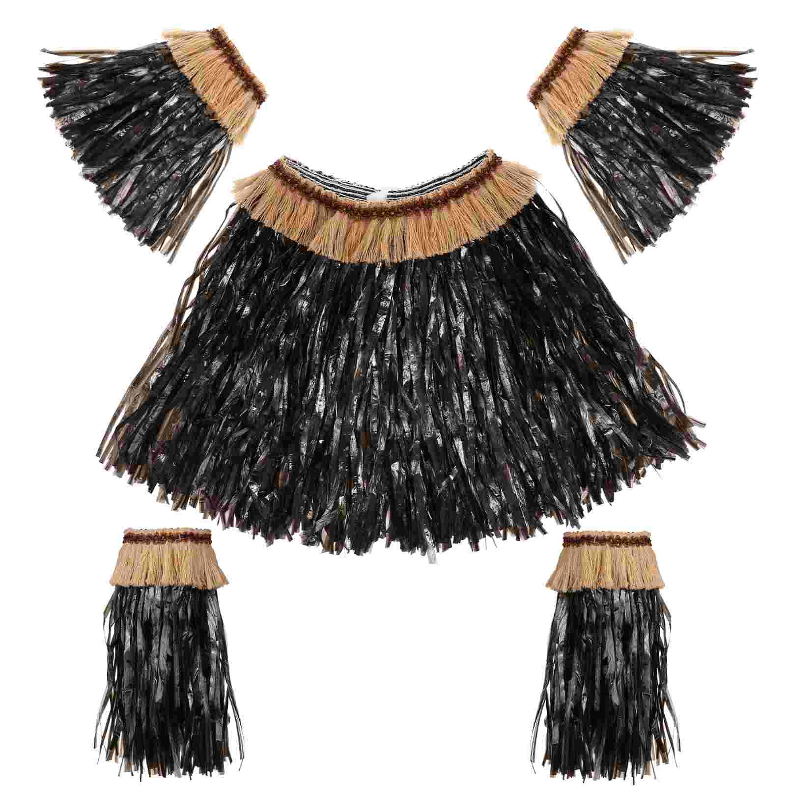 

Hawaiian Outfit Hula Skirt Women Arm Leg Bands Luau Party Grass Skirt Party Decorations (Black)