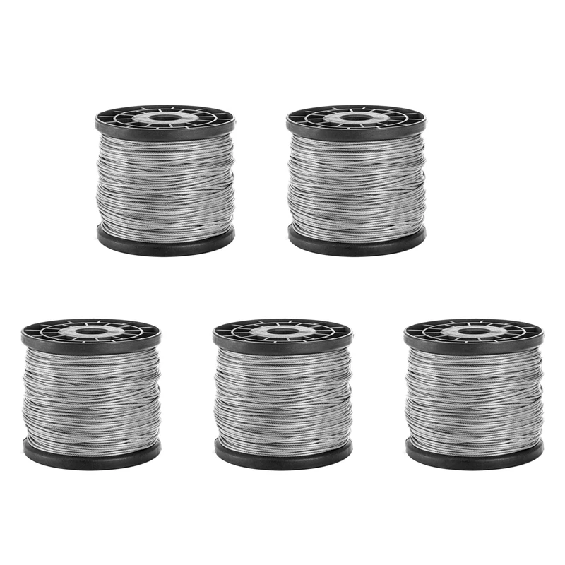 LLCS-5Pcs 1/16Inch X 500Feet Wire Rope Cable, Braided Wire Stranded Rope Aircraft Cable For Outdoor Clothesline, Trellis,