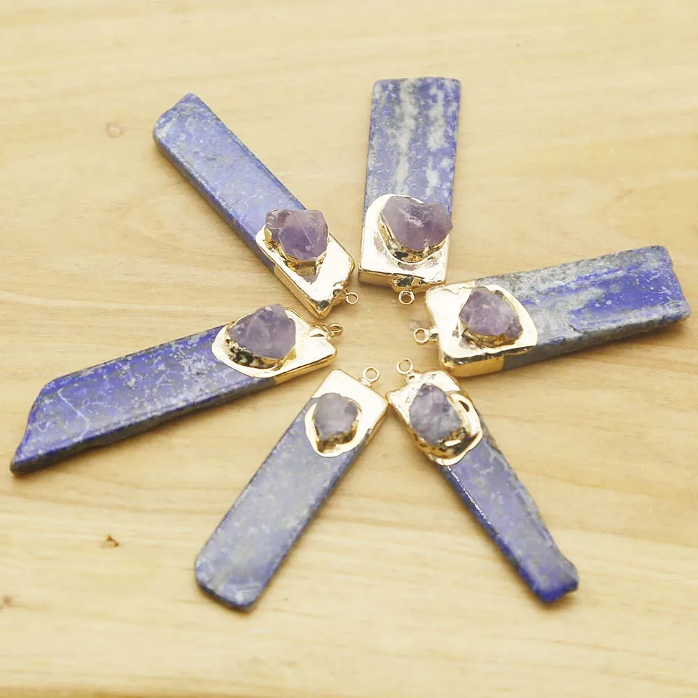 Natural Lapis Lazis Long Inset Irregular Amethyst Necklace Pendant Sweater Chain Jewelry Accessories Wholesale 8PcsFree Shipping