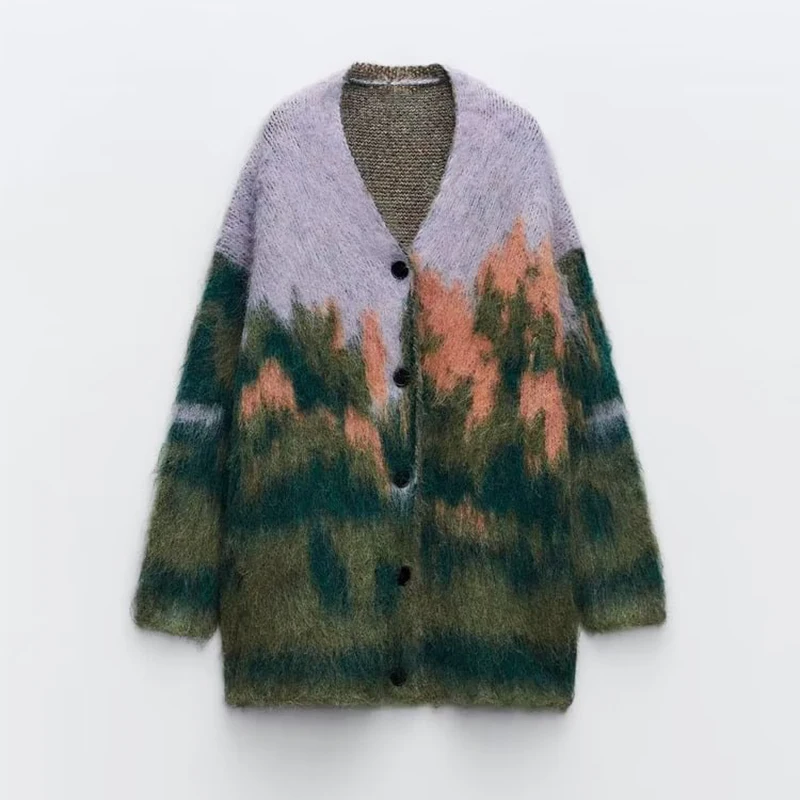 

2023 Autumn Women Oversized Jacket Long Sleeve Y2K Patchwork Knitted Cardigan Loose Sweaters Jacquard Single Breasted Female Top