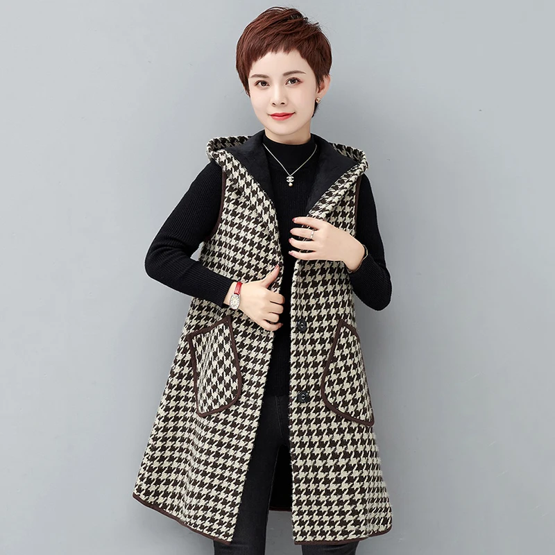 

Thick Wool Waistcoat Vests Jacket Women Loose Long Casual Houndstooth Waistcoat 2023 New Spring Fall Hooded Vest Female Outwear