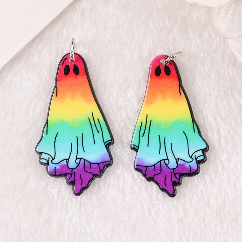 

10Pcs Halloween Charms Acrylic Rainbow Ghost Mushroom Pendant For Earring Necklace Diy Making Two Side Print