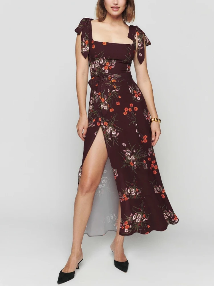 

Straps Summer Women's Dress 2024 New Elegant Floral Print Split Belt Office Lace Up Vestidos Sleevless Maxi Dresses for Women