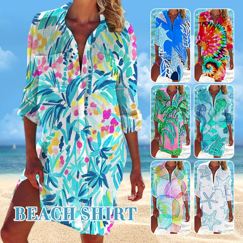 Hawaii Tropic Scenery Print Blouses Women Summer Holiday Beach Shirt Blouse Sunscreen Bikini Jacket Swimsuit Buttons Cardigan