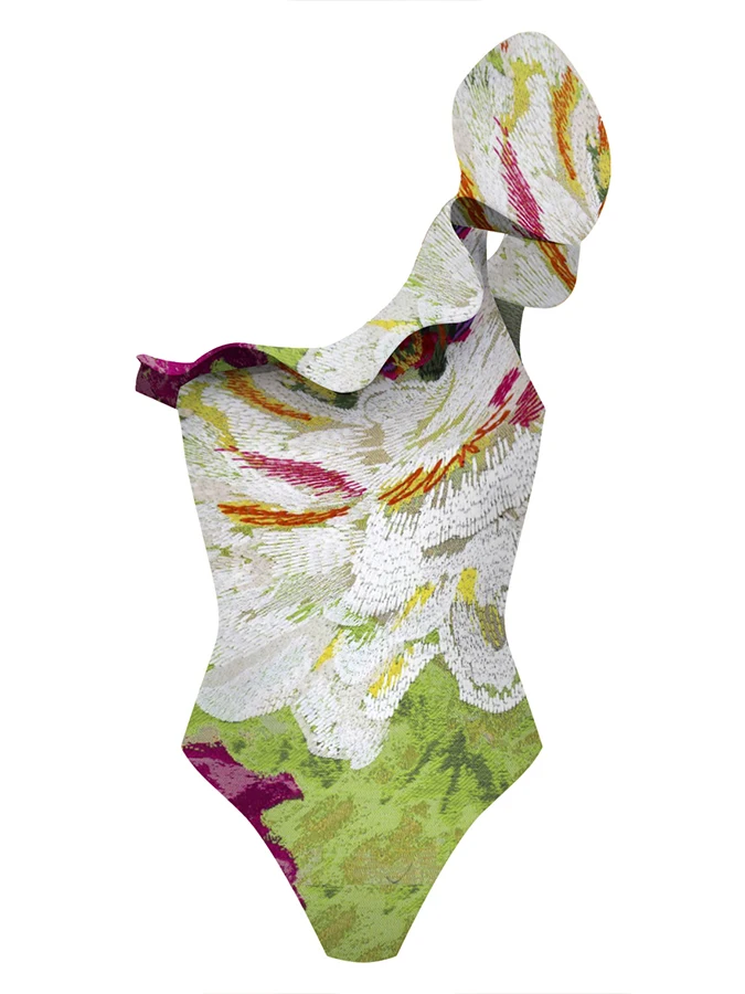 One Shoulder 2023 New Swimwear Summer Female Fashion With Lace Floral Print Beach Wear Bodysuit Vacation Sexy